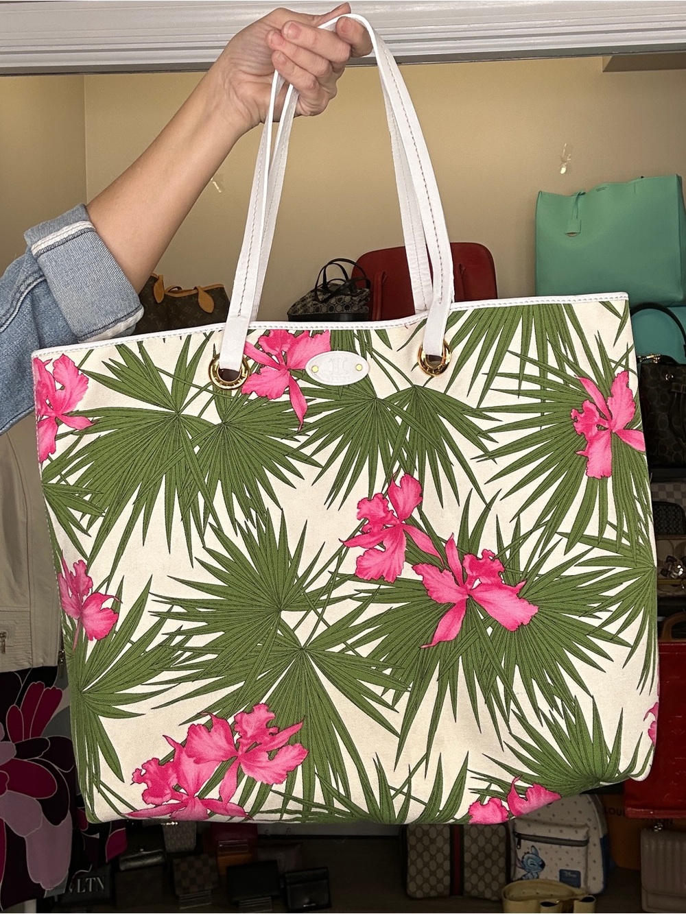 Vintage Celine Tropical Hibiscus Palm Floral Canvas & leather Large Tote w/ COA - Picture 3 of 16